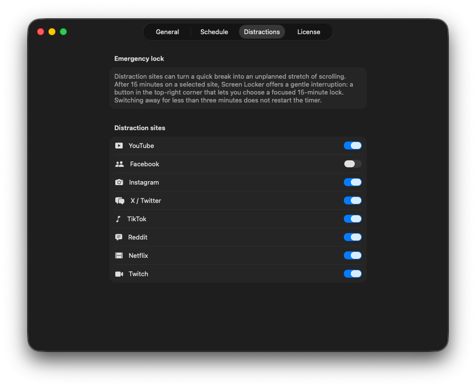 Screen Locker list of selectable distraction sites