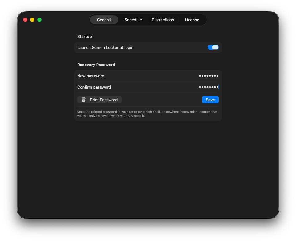 Screen Locker recovery password settings with Print Password button