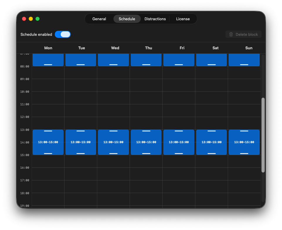 Screen Locker weekly schedule with recurring lock blocks